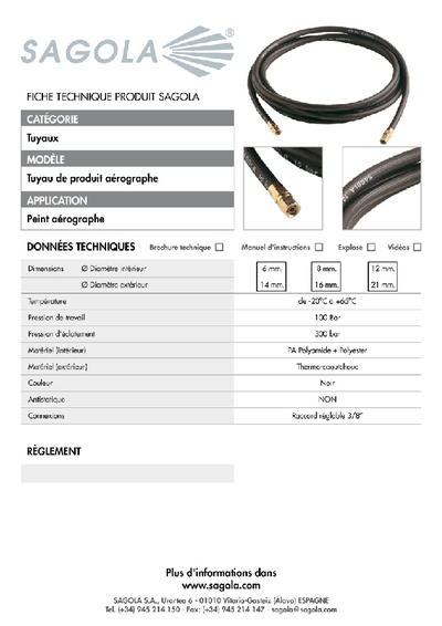 Fiche technique Tuyau produit aérographe